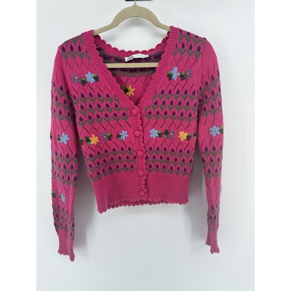 ZARA Womens Crop Cardigan Sweater Medium Pink Floral Cotton Cottagecore Repair - Picture 5 of 14